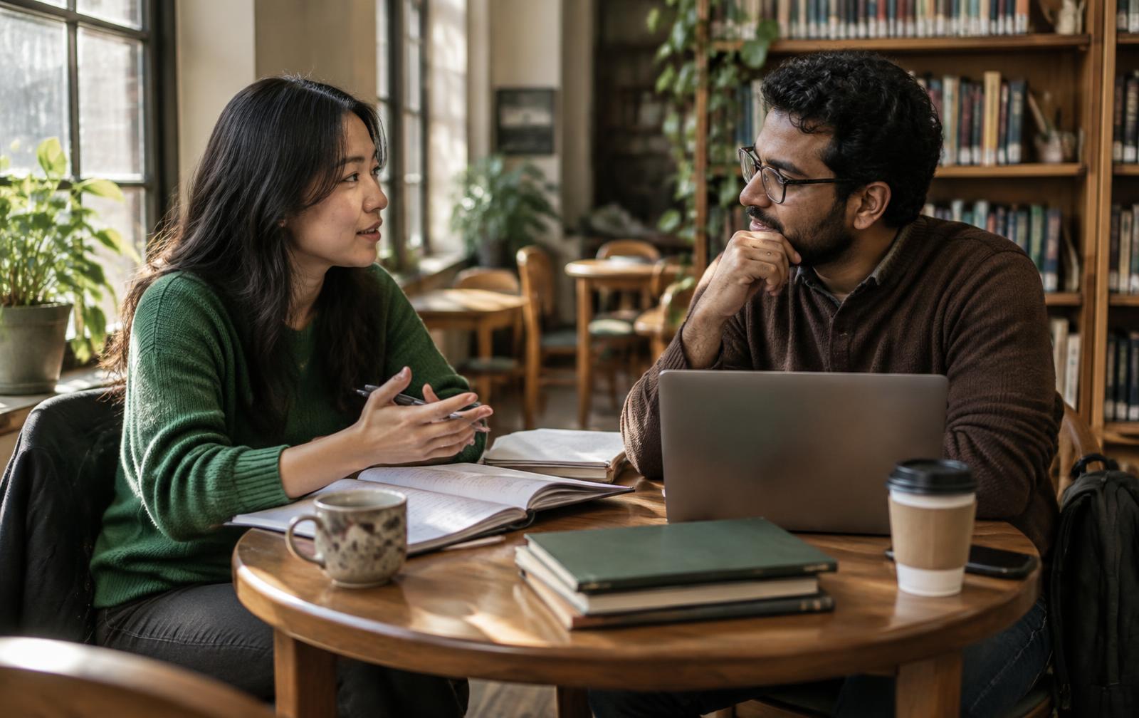 Two graduate students from different cultural backgrounds in conversation across a table in a sunlit library