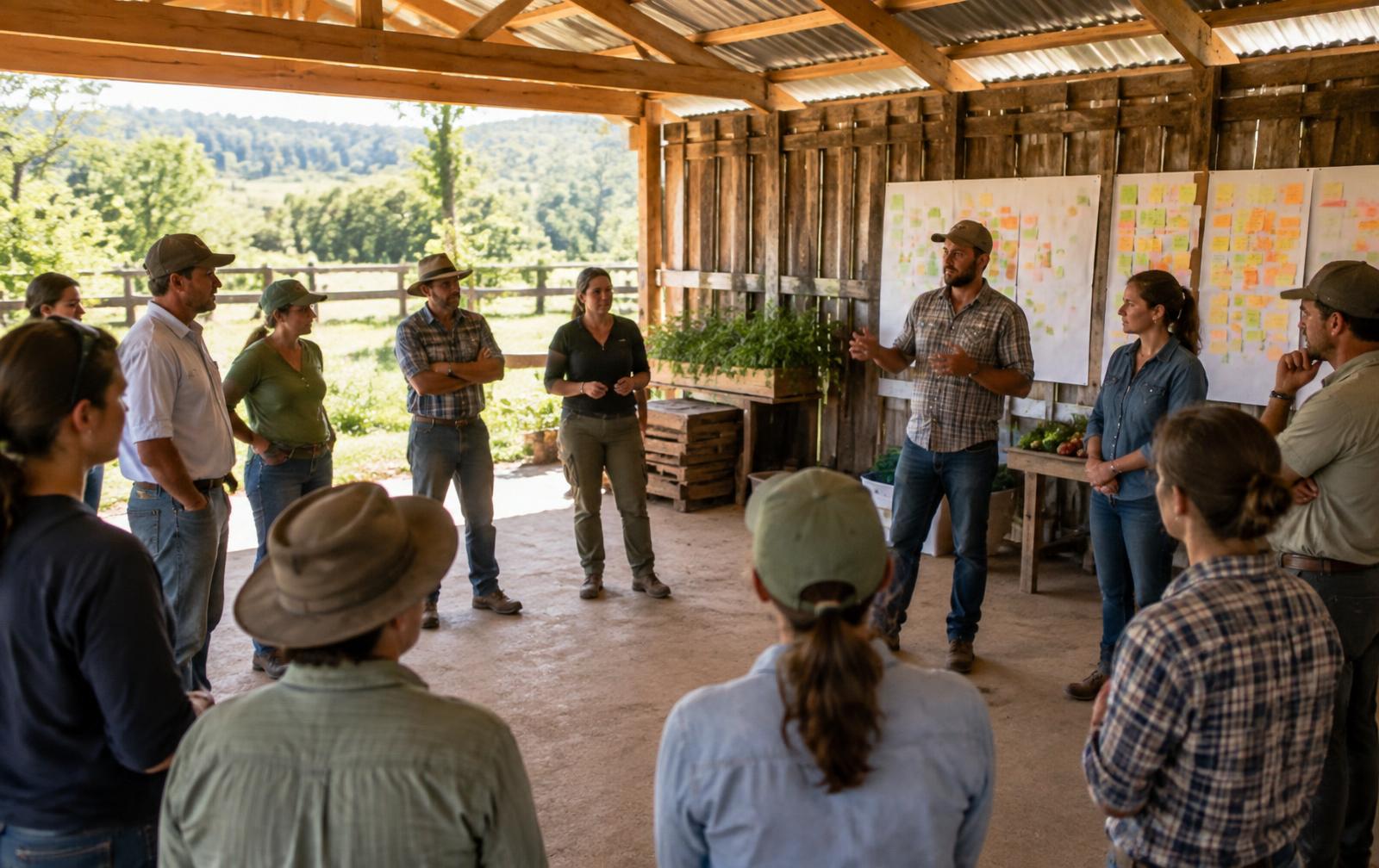 Farmers and extension professionals standing in a circle at an open-agenda workshop with topic notes on the wall